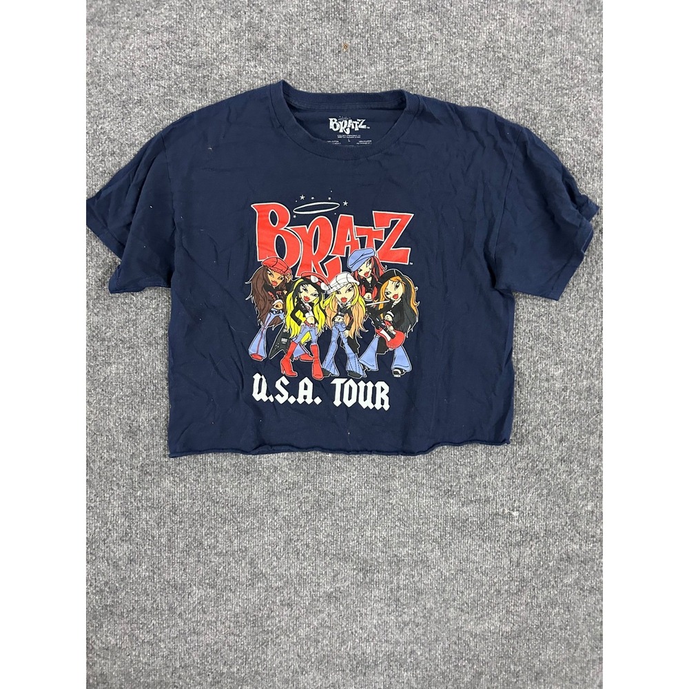 Bratz T-Shirt Womens Size L Navy Blue Cropped Graphic Rock Angels USA Tour Tee